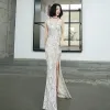 Sparkly Silver Sequins Evening Dresses  2020 Trumpet / Mermaid V-Neck Sleeveless Split Front Floor-Length / Long Backless Formal Dresses