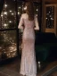 Sparkly Rose Gold Evening Dresses  2020 Trumpet / Mermaid See-through Scoop Neck Sleeveless Sequins Tassel Split Front Floor-Length / Long Formal Dresses