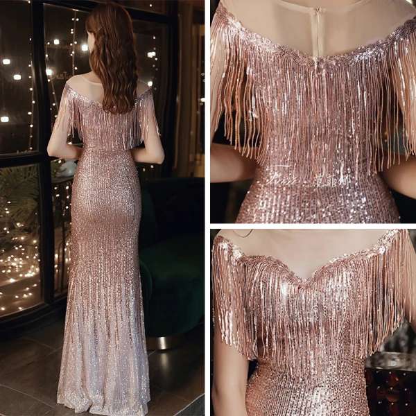 Sparkly Rose Gold Evening Dresses  2020 Trumpet / Mermaid See-through Scoop Neck Sleeveless Sequins Tassel Split Front Floor-Length / Long Formal Dresses