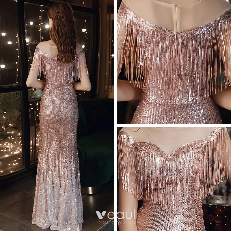Sparkly Rose Gold Evening Dresses 2020 Trumpet Mermaid See Through Scoop Neck Sleeveless Sequins Tassel Split Front Floor Length Long Formal Dresses Sparkly Rose Gold Evening Dresses 2020 Trumpet Mermaid See Through Scoop Neck Sleeveless Sequins Tassel Split Front Floor Length Long Formal Dresses