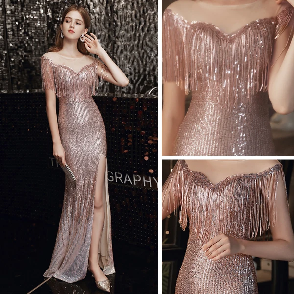 Sparkly Rose Gold Evening Dresses  2020 Trumpet / Mermaid See-through Scoop Neck Sleeveless Sequins Tassel Split Front Floor-Length / Long Formal Dresses