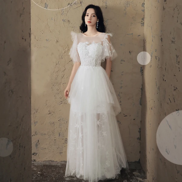 Affordable Ivory Beach Wedding Dresses 2020 A-Line / Princess See-through Scoop Neck Short Sleeve Backless Star Appliques Lace Floor-Length / Long