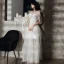 Erschwinglich Ivory / Creme Strand Brautkleider / Hochzeitskleider 2020 A Linie Durchsichtige Rundhalsausschnitt Kurze Ärmel Rückenfreies Star Applikationen Spitze Lange Rüschen