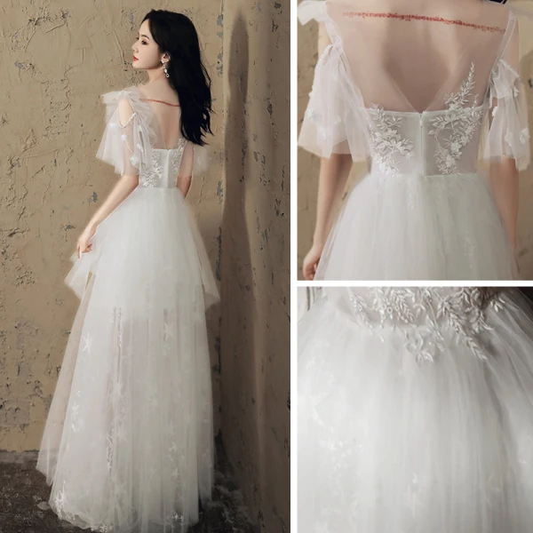 Erschwinglich Ivory / Creme Strand Brautkleider / Hochzeitskleider 2020 A Linie Durchsichtige Rundhalsausschnitt Kurze Ärmel Rückenfreies Star Applikationen Spitze Lange Rüschen
