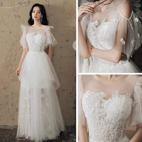 Erschwinglich Ivory / Creme Strand Brautkleider / Hochzeitskleider 2020 A Linie Durchsichtige Rundhalsausschnitt Kurze Ärmel Rückenfreies Star Applikationen Spitze Lange Rüschen