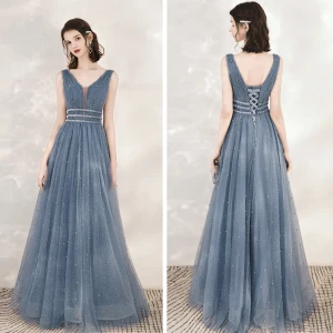 Chic Océan Bleu Robe De Soirée 2020 Princesse Transparentes Col V Profond Sans Manches Perlage Perle Glitter Tulle Longue Volants Dos Nu Robe De Ceremonie