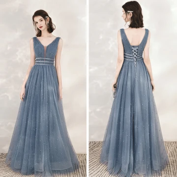 Classy Ocean Blue Evening Dresses 2020 A Line Princess See Through Deep V Neck Sleeveless Beading Pearl Glitter Tulle Floor Length Long Ruffle Backless Formal Dresses