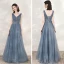 Classy Ocean Blue Evening Dresses  2020 A-Line / Princess See-through Deep V-Neck Sleeveless Beading Pearl Glitter Tulle Floor-Length / Long Ruffle Backless Formal Dresses