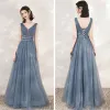 Classy Ocean Blue Evening Dresses  2020 A-Line / Princess See-through Deep V-Neck Sleeveless Beading Pearl Glitter Tulle Floor-Length / Long Ruffle Backless Formal Dresses
