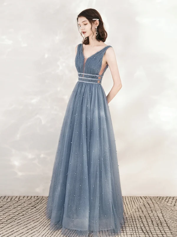 Classy Ocean Blue Evening Dresses  2020 A-Line / Princess See-through Deep V-Neck Sleeveless Beading Pearl Glitter Tulle Floor-Length / Long Ruffle Backless Formal Dresses