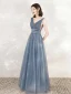 Classy Ocean Blue Evening Dresses  2020 A-Line / Princess See-through Deep V-Neck Sleeveless Beading Pearl Glitter Tulle Floor-Length / Long Ruffle Backless Formal Dresses