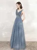 Classy Ocean Blue Evening Dresses  2020 A-Line / Princess See-through Deep V-Neck Sleeveless Beading Pearl Glitter Tulle Floor-Length / Long Ruffle Backless Formal Dresses