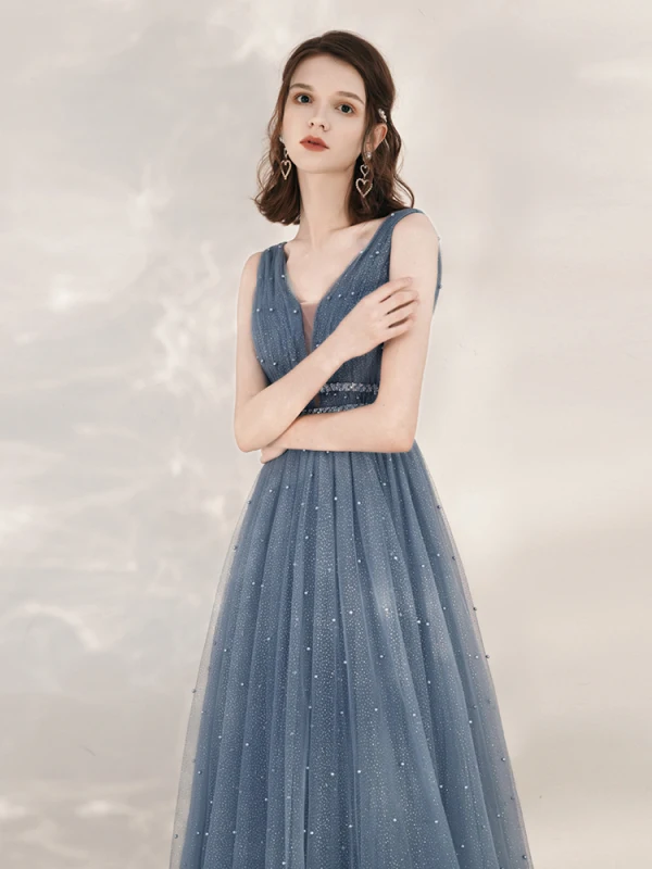 Classy Ocean Blue Evening Dresses  2020 A-Line / Princess See-through Deep V-Neck Sleeveless Beading Pearl Glitter Tulle Floor-Length / Long Ruffle Backless Formal Dresses