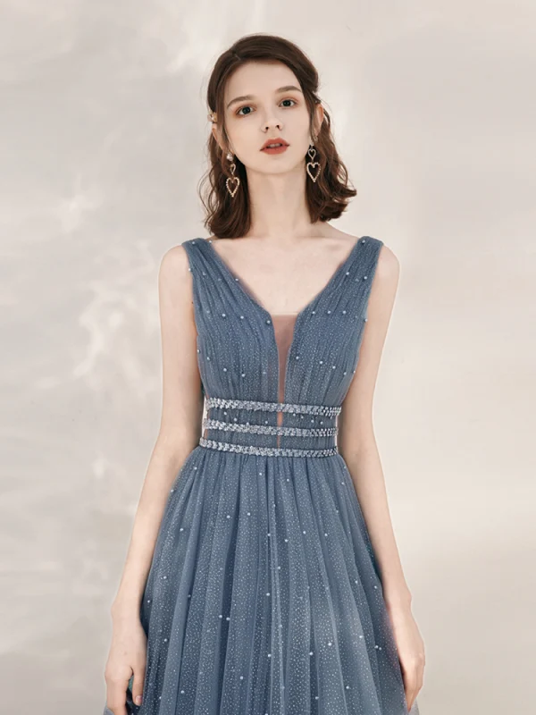 Classy Ocean Blue Evening Dresses  2020 A-Line / Princess See-through Deep V-Neck Sleeveless Beading Pearl Glitter Tulle Floor-Length / Long Ruffle Backless Formal Dresses