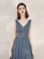 Classy Ocean Blue Evening Dresses  2020 A-Line / Princess See-through Deep V-Neck Sleeveless Beading Pearl Glitter Tulle Floor-Length / Long Ruffle Backless Formal Dresses