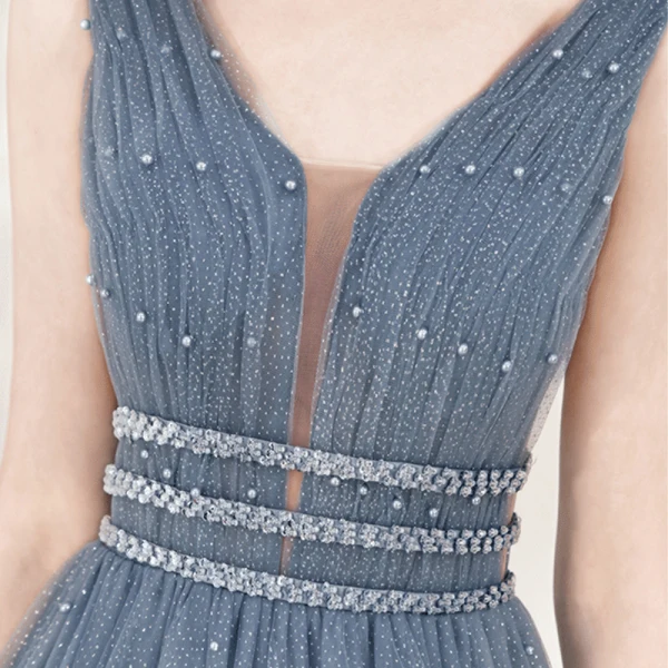Classy Ocean Blue Evening Dresses  2020 A-Line / Princess See-through Deep V-Neck Sleeveless Beading Pearl Glitter Tulle Floor-Length / Long Ruffle Backless Formal Dresses