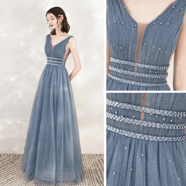 Classy Ocean Blue Evening Dresses  2020 A-Line / Princess See-through Deep V-Neck Sleeveless Beading Pearl Glitter Tulle Floor-Length / Long Ruffle Backless Formal Dresses