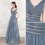 Classy Ocean Blue Evening Dresses  2020 A-Line / Princess See-through Deep V-Neck Sleeveless Beading Pearl Glitter Tulle Floor-Length / Long Ruffle Backless Formal Dresses