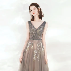 Elegant Grey Evening Dresses 2020 A Line Princess V Neck Sleeveless Appliques Flower Beading Sash Floor Length Long Ruffle Backless Formal Dresses