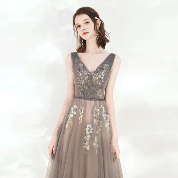 Elegant Grey Evening Dresses 2020 A Line Princess V Neck Sleeveless Appliques Flower Beading Sash Floor Length Long Ruffle Backless Formal Dresses