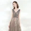 Elegant Grey Evening Dresses  2020 A-Line / Princess V-Neck Sleeveless Appliques Flower Beading Sash Floor-Length / Long Ruffle Backless Formal Dresses