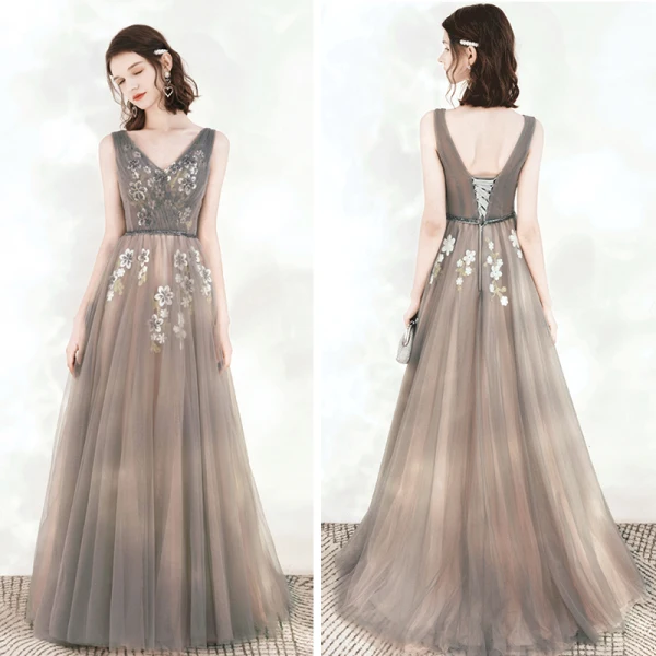 Elegant Grey Evening Dresses  2020 A-Line / Princess V-Neck Sleeveless Appliques Flower Beading Sash Floor-Length / Long Ruffle Backless Formal Dresses