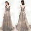 Elegant Grey Evening Dresses  2020 A-Line / Princess V-Neck Sleeveless Appliques Flower Beading Sash Floor-Length / Long Ruffle Backless Formal Dresses