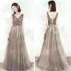 Elegant Grey Evening Dresses  2020 A-Line / Princess V-Neck Sleeveless Appliques Flower Beading Sash Floor-Length / Long Ruffle Backless Formal Dresses