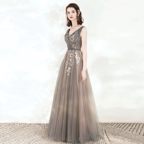 Elegant Grey Evening Dresses  2020 A-Line / Princess V-Neck Sleeveless Appliques Flower Beading Sash Floor-Length / Long Ruffle Backless Formal Dresses