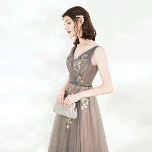 Elegant Grey Evening Dresses  2020 A-Line / Princess V-Neck Sleeveless Appliques Flower Beading Sash Floor-Length / Long Ruffle Backless Formal Dresses
