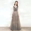 Elegant Grey Evening Dresses  2020 A-Line / Princess V-Neck Sleeveless Appliques Flower Beading Sash Floor-Length / Long Ruffle Backless Formal Dresses