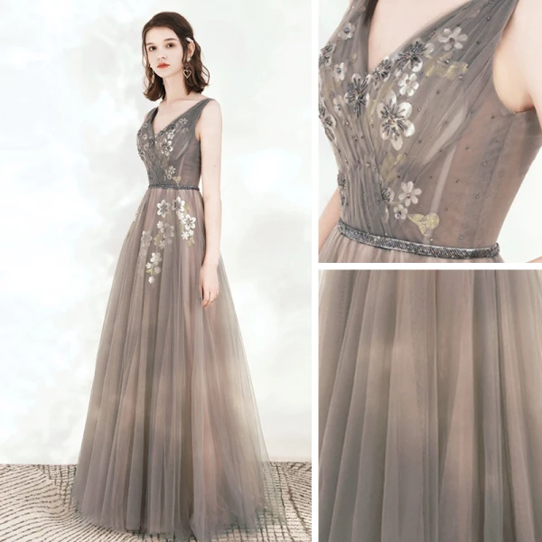 Elegant Grey Evening Dresses  2020 A-Line / Princess V-Neck Sleeveless Appliques Flower Beading Sash Floor-Length / Long Ruffle Backless Formal Dresses