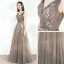 Elegant Grey Evening Dresses  2020 A-Line / Princess V-Neck Sleeveless Appliques Flower Beading Sash Floor-Length / Long Ruffle Backless Formal Dresses