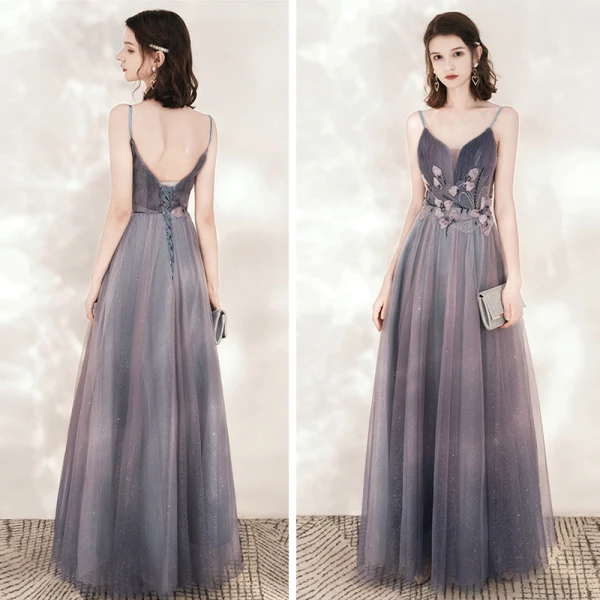 Charmant Violet Robe De Soirée 2020 Princesse Bretelles Spaghetti Sans Manches Appliques En Dentelle Perlage Glitter Tulle Longue Volants Dos Nu Robe De Ceremonie