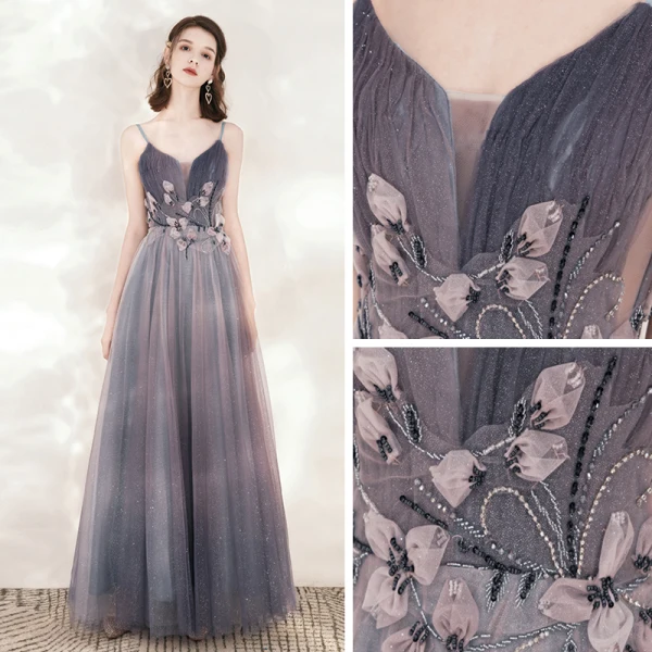 Charmant Violet Robe De Soirée 2020 Princesse Bretelles Spaghetti Sans Manches Appliques En Dentelle Perlage Glitter Tulle Longue Volants Dos Nu Robe De Ceremonie
