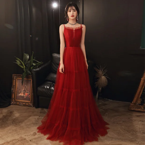 Modest / Simple Red Engagement Prom Dresses 2020 A-Line / Princess Spaghetti Straps Sleeveless Floor-Length / Long Ruffle Backless Formal Dresses Modest / Simple Red Engagement Prom Dresses 2020 A-Line / Princess Spaghetti Straps Sleeveless Floor-Length / Long Ruffle Backless Formal Dresses