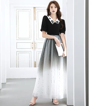 Vintage Originale Noire Dégradé De Couleur Blanche Robe De Soirée 2020 Princesse V Cou Manches Courtes Paillettes Longue Volants Robe De Ceremonie