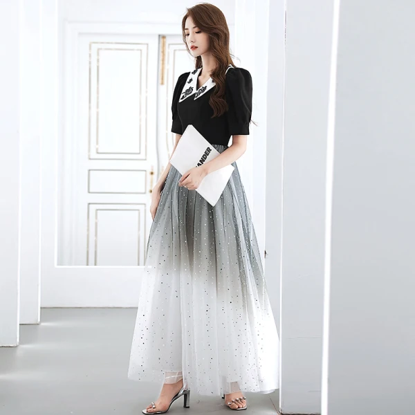 Vintage / Retro Black Gradient-Color White Evening Dresses  2020 A-Line / Princess V-Neck Short Sleeve Sequins Floor-Length / Long Ruffle Formal Dresses