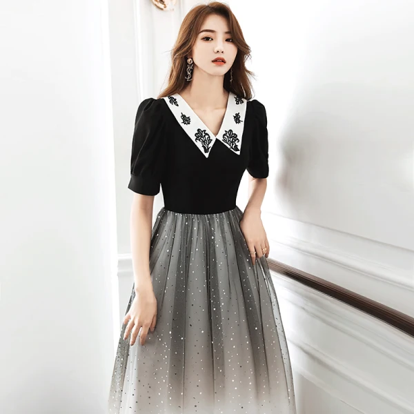 Vintage / Retro Black Gradient-Color White Evening Dresses  2020 A-Line / Princess V-Neck Short Sleeve Sequins Floor-Length / Long Ruffle Formal Dresses