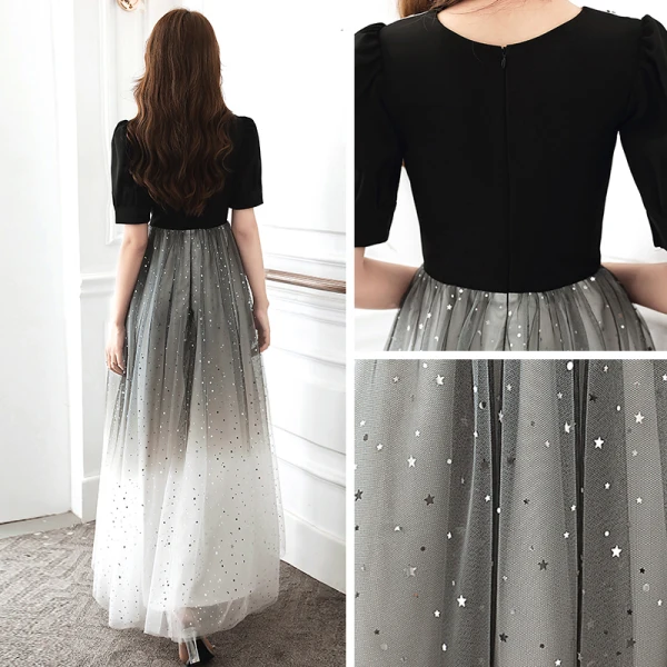 Vintage / Retro Black Gradient-Color White Evening Dresses  2020 A-Line / Princess V-Neck Short Sleeve Sequins Floor-Length / Long Ruffle Formal Dresses