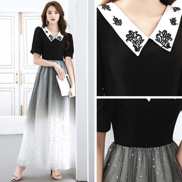 Vintage / Retro Black Gradient-Color White Evening Dresses  2020 A-Line / Princess V-Neck Short Sleeve Sequins Floor-Length / Long Ruffle Formal Dresses