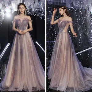 Classy Purple Champagne Gradient Color Prom Dresses 2020 A Line Princess Off The Shoulder Short Sleeve Sequins Beading Glitter Tulle Sweep Train Ruffle Backless Formal Dresses