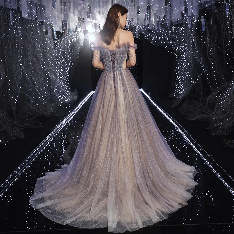Classy Purple Champagne Gradient Color Prom Dresses 2020 A Line Princess  Off The Shoulder Short Sleeve Sequins Beading Glitter Tulle Sweep Train  Ruffle Backless Formal Dresses