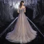 Edles Violett Champagner Farbverlauf Ballkleider 2020 A Linie Off Shoulder Kurze Ärmel Pailletten Perlenstickerei Glanz Tülle Sweep / Pinsel Zug Rüschen Rückenfreies Festliche Kleider