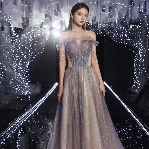 Edles Violett Champagner Farbverlauf Ballkleider 2020 A Linie Off Shoulder Kurze Ärmel Pailletten Perlenstickerei Glanz Tülle Sweep / Pinsel Zug Rüschen Rückenfreies Festliche Kleider