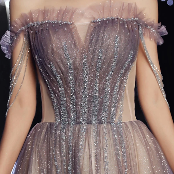 Edles Violett Champagner Farbverlauf Ballkleider 2020 A Linie Off Shoulder Kurze Ärmel Pailletten Perlenstickerei Glanz Tülle Sweep / Pinsel Zug Rüschen Rückenfreies Festliche Kleider