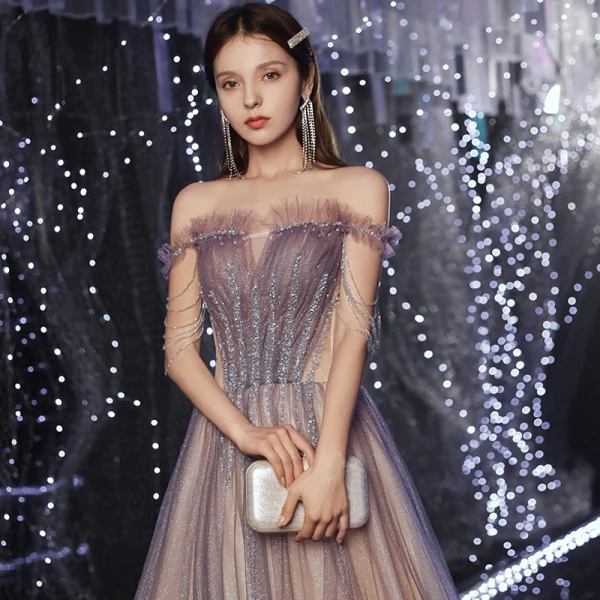 Edles Violett Champagner Farbverlauf Ballkleider 2020 A Linie Off Shoulder Kurze Ärmel Pailletten Perlenstickerei Glanz Tülle Sweep / Pinsel Zug Rüschen Rückenfreies Festliche Kleider