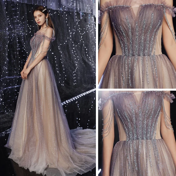 Edles Violett Champagner Farbverlauf Ballkleider 2020 A Linie Off Shoulder Kurze Ärmel Pailletten Perlenstickerei Glanz Tülle Sweep / Pinsel Zug Rüschen Rückenfreies Festliche Kleider
