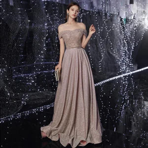 High End Brun Aftonklänningar 2020 Prinsessa Av Axeln Korta Ärm Paljetter Beading Skärp Glittriga Glitter Polyester Långa Ruffle Halterneck Formella Klänningar