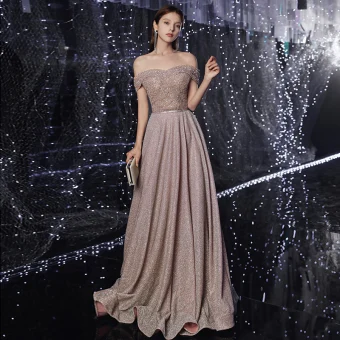 Haut De Gamme Marron Robe De Soirée 2020 Princesse De L 039 Épaule Manches Courtes Paillettes Perlage Ceinture Glitter Polyester Longue Volants Dos Nu Robe De Ceremonie